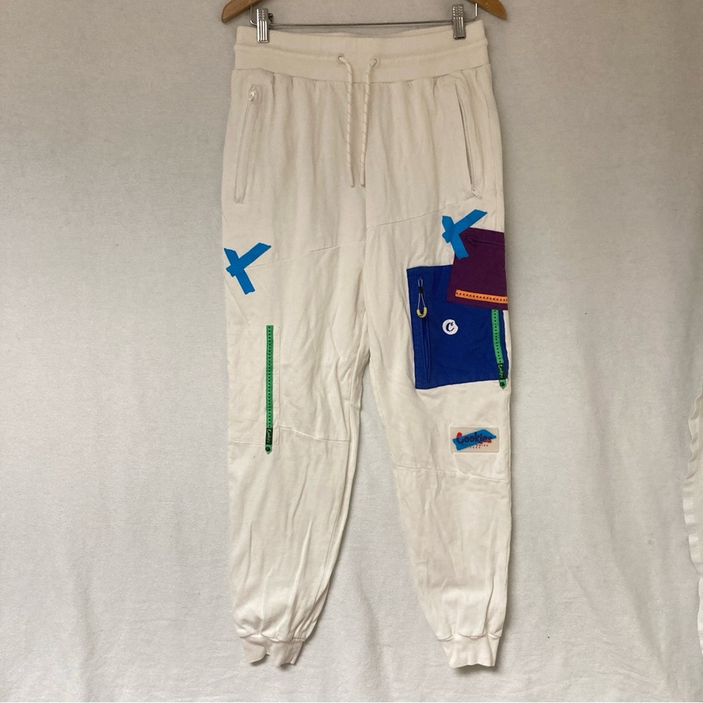 Cookies Men's Sweatpants Cream Cargo Pants Multicolor Pockets Cotton Sz M